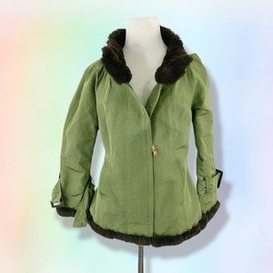 CHARLES CHANG-LIMA Olive‎ Green Jacket W Brown Rabbit Trim, Size 6
